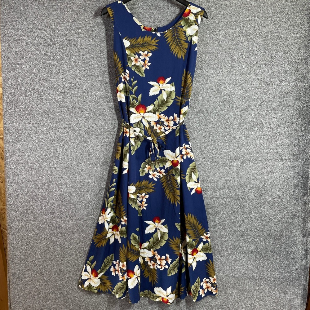 Vintage Two Palms Dress Hawaii Womens M Blue Floral Orchid Rayon Midi Tie Waist